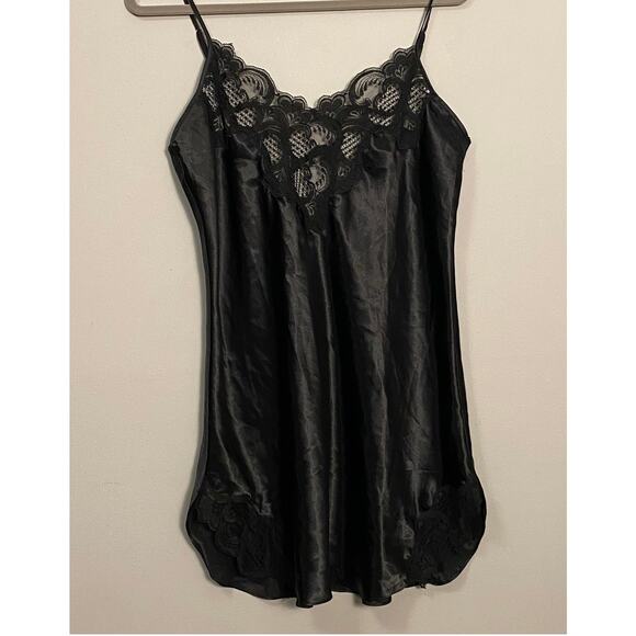 Victoria's Secret Other - Vintage Victoria Secret Large Slip‎ Black Satin Lace Adjustable Straps Y2K